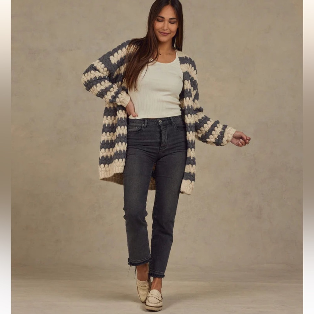 Rylee + Cru Bubble Knit Cardigan Slate Stripe Women M NWT
